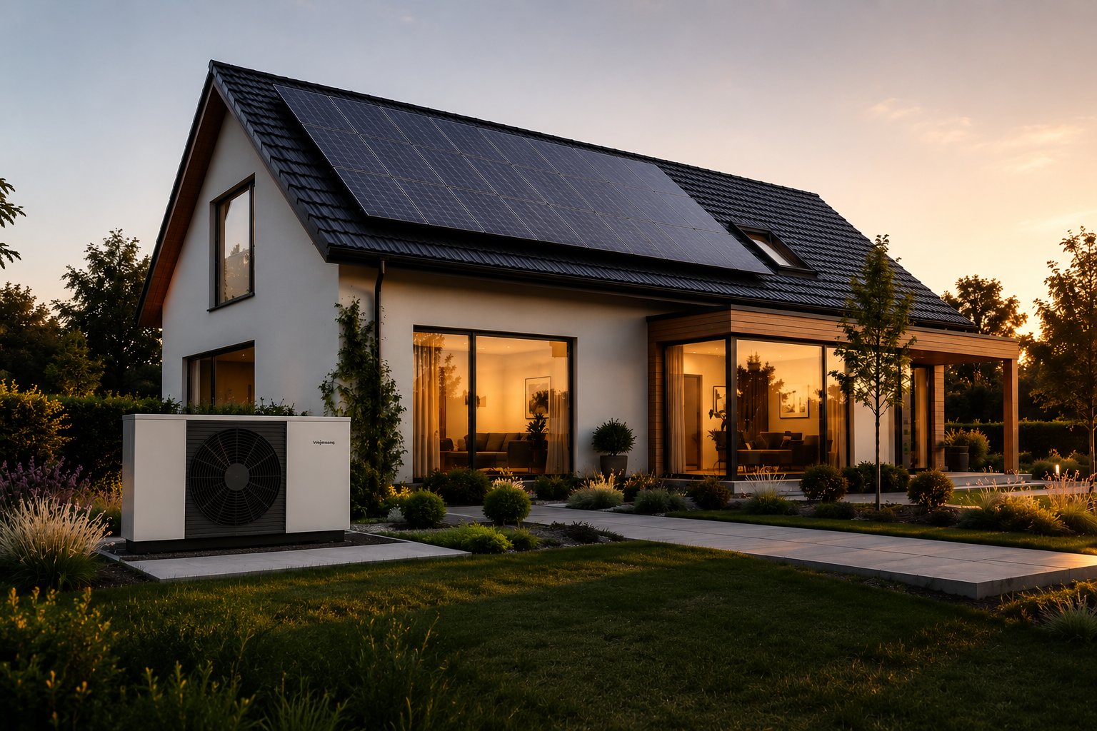Einfamilienhaus mit Photovoltaikanlage und Wärmepumpe bei Dämmerung